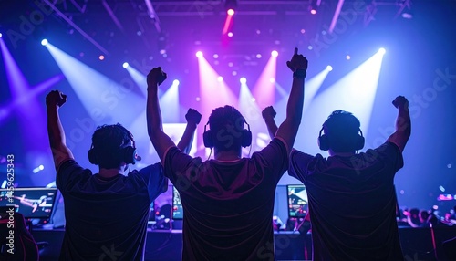 Crowd cheers as players celebrate their hard fought win at a lively gaming event.