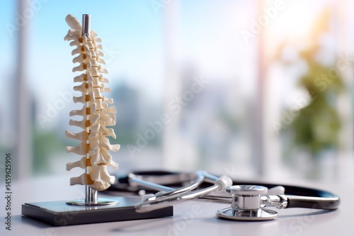 A spinal column model beside a stethoscope, highlighting medical concepts and treatments in clinics.
