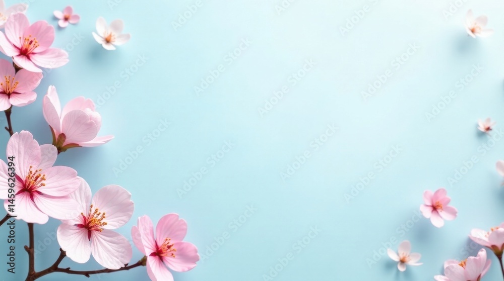 Fototapeta premium Delicate Pink Blossoms Frame a Soft Blue Background, Ideal for Springtime Designs and Greetings