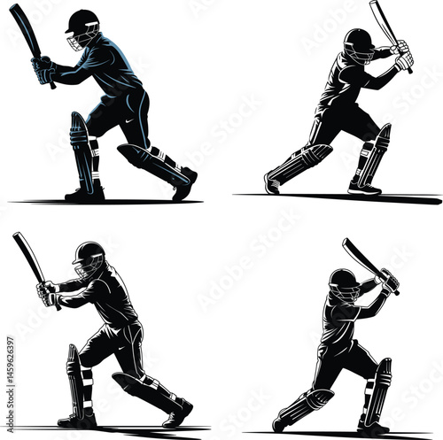 Set of Cricket Player Silhouette in Batting Swing – Full Body Vector Side View on White Background