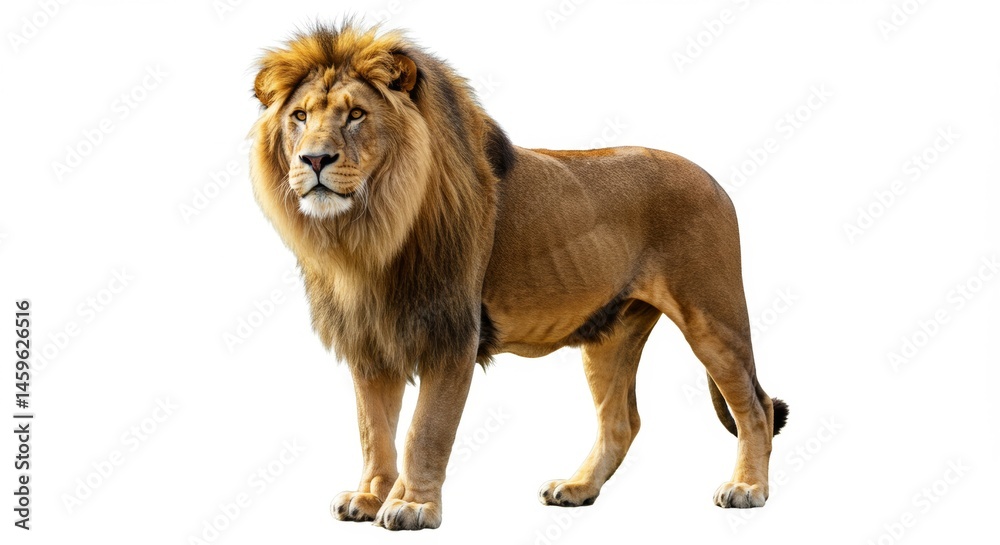 Obraz premium Majestic male lion standing proudly isolated on white background, showcasing its powerful physique and regal mane, perfect for wildlife and nature photography projects