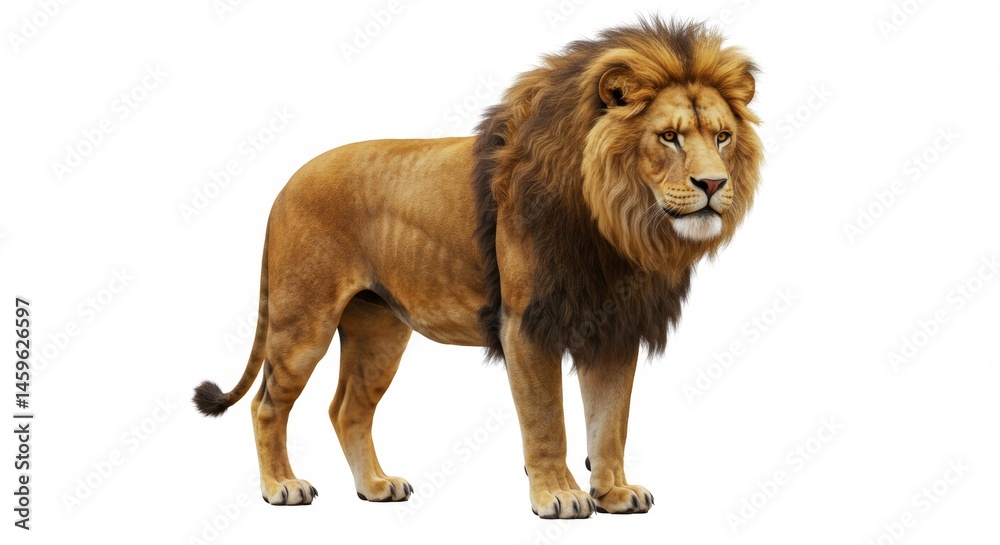 Obraz premium Majestic male lion standing tall with a golden mane, showcasing its power and elegance in a full body shot against a clean white background, perfect for wildlife and nature themes