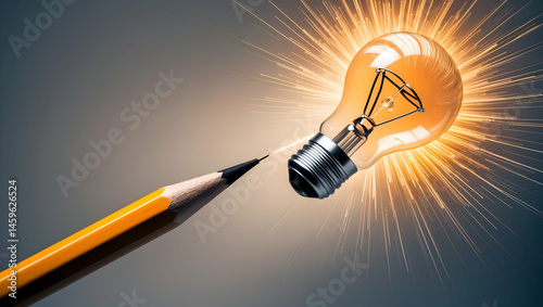 Conceptual illustration of a sharp pencil tip touching a glowing lightbulb, sparking an idea with bright light rays and energy. Represents innovation, creativity, brainstorming, inspiration, and findi