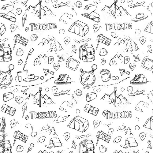 Vector white seamless doodle sketch pattern with objects for trekking and hiking. Suitable for textile, wallpaper and trekking brochures.
