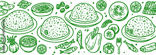 Vector green Malaysian food Nasi Lemak outlines single colour horizontal border pattern. Perfect for menu and poster design.

