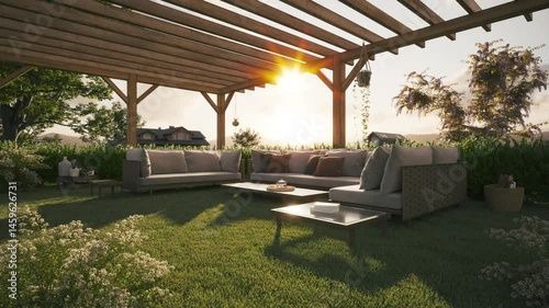 Cozy evening at home in the backyard. Backyard terrace at sunset. Backyard patio with outdoor furniture