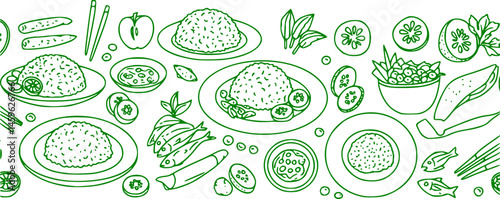 Vector green Malaysian food Nasi Lemak outlines single colour horizontal border pattern. Perfect for menu and poster design.
