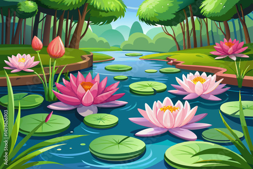 vector of Pink water lilies bloom in the garden pond