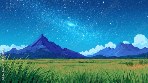 Starry night sky over green grass field and blue mountain landscape with clouds