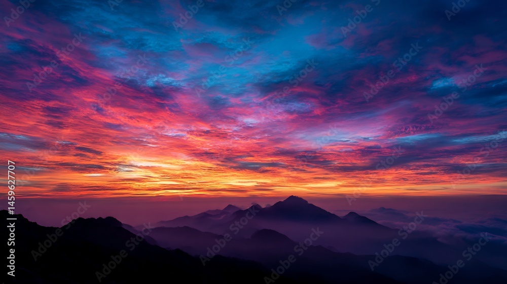 Fototapeta premium Majestic Mountain Range Silhouette Under a Vibrant Multicolored Sunrise Sky