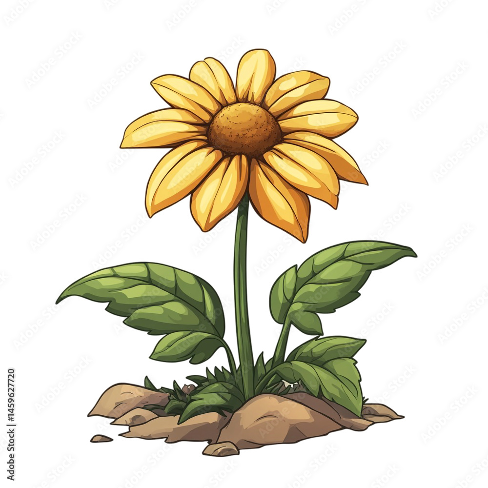 Yellow flower growing from the ground with green leaves