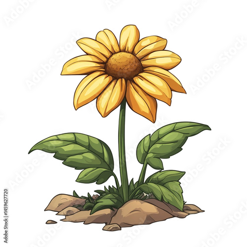 Obraz na płótnie Yellow flower growing from the ground with green leaves w salonie