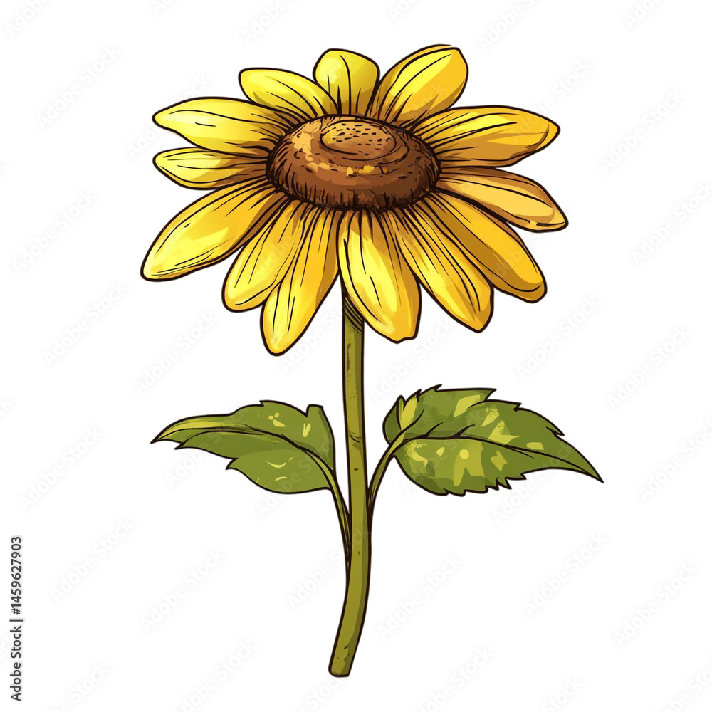 A vibrant yellow sunflower with green leaves a simple botanical illustration