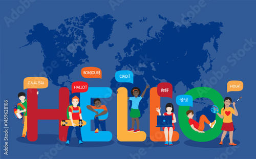 Group of happy smiling diverse kids near HELLO letters. African, chinese, japanese, korean girls and boys, friends with Hello in Thank you NURSES you are the heartbeat of healthcare color red circle_1