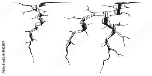 Ground cracks, fractures on land surface, earthquake breaks in perspective view. Vector of fissure in ground, crevices from disaster or drought isolated on white background