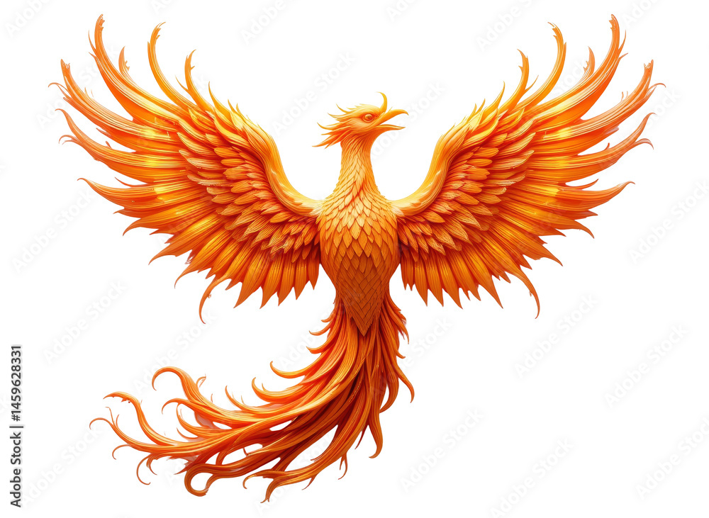 Fototapeta premium Phoenix Firebird. Orange Bird Spreading Wings on White Background Illustration