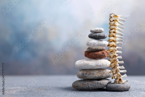 A zen-like composition featuring a stacked stone tower and a human spine model on display.