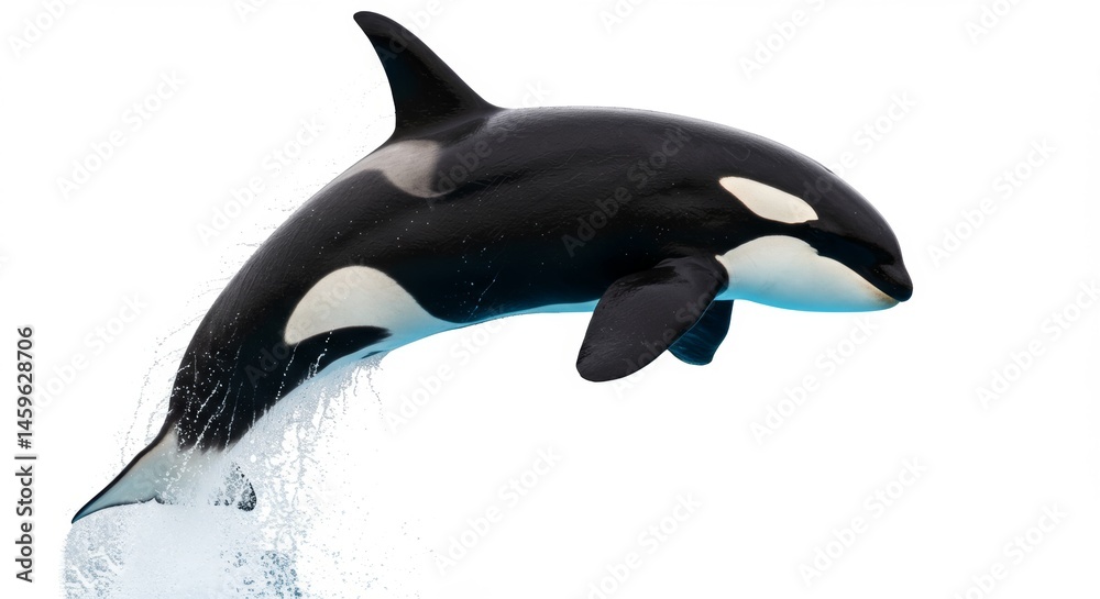 Fototapeta premium Majestic orca leaps powerfully from the water, a stunning display of marine life and wildlife in motion, showcasing its beauty and grace against a pristine white background
