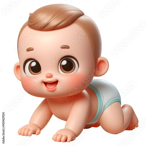 Cute baby character wearing diaper and crawling 3d with smiling face isolated on white background