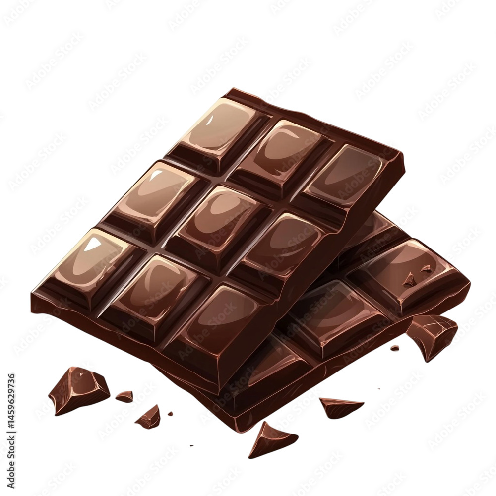 Delicious dark chocolate bars stacked with broken pieces
