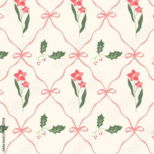 Christmas floral and holly seamless pattern with ribbons. Coquette repeat background with bow knots Vintage holiday Background for wrapping, greeting cards, textile designs and decor.