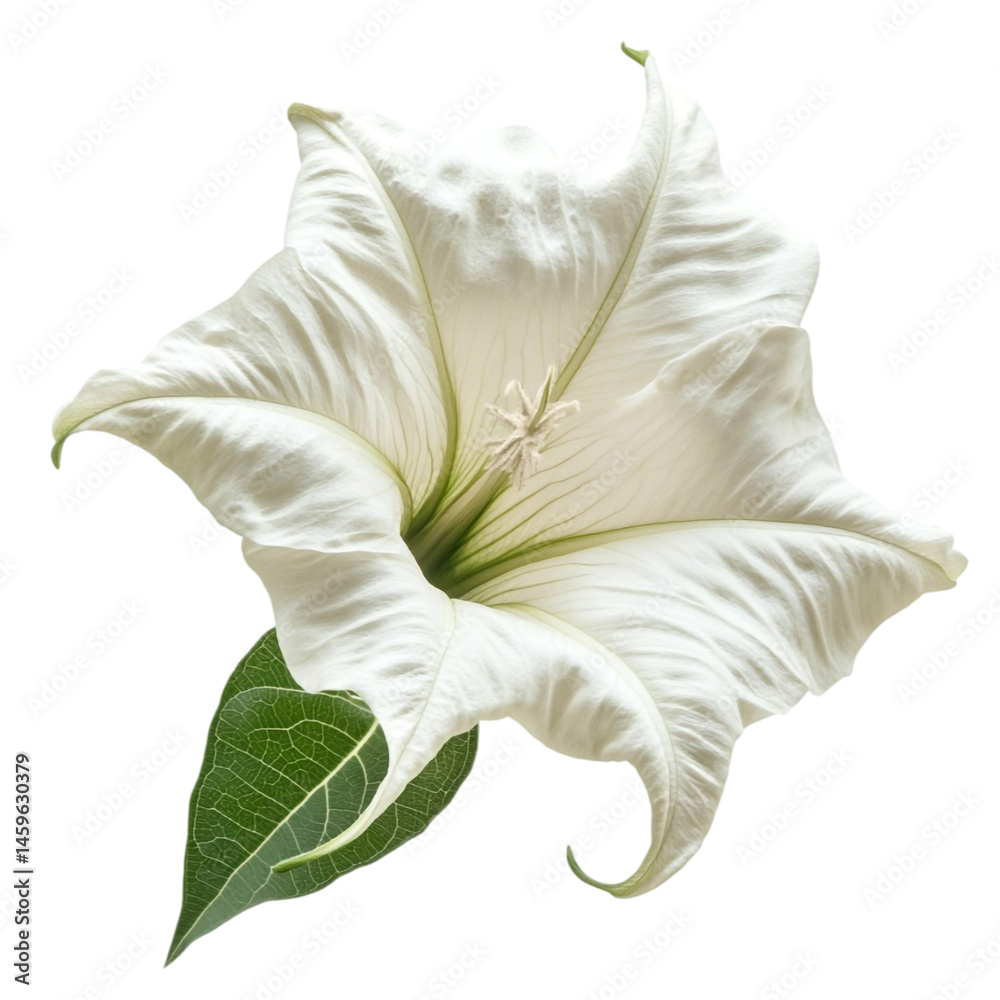 White angel trumpet flower with green leaf isolated on black background