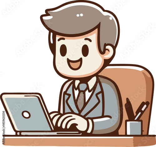 Vector cartoon stick figure drawing conceptual illustration of smiling writer, man or businessman typing or working on computer