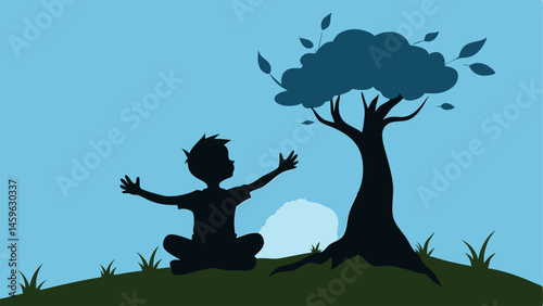Silhouette Adventure A e silhouette of a child sitting crosslegged on a patch of grass looking up at the sky. Behind them is a tall leafy tree with their shadow depicted as a