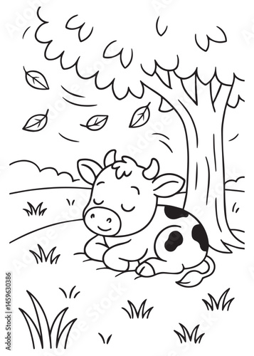 Coloring book cow sleeps peacefully under a big tree as leaves gently fall