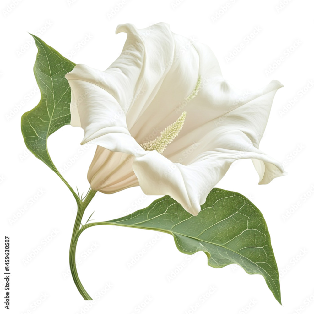 A single white flower with green leaves isolated on black background