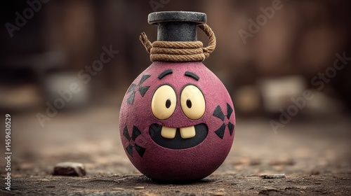 A cartoonish, round, purplish-red bomb with a happy face and a rope tied around the neck sits on a textured surface
