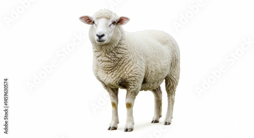 Majestic sheep stands gracefully against a seamless white backdrop, showcasing its soft wool and gentle demeanor, ideal for agricultural and animal themed projects
