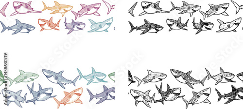 Vector white colourful cute shark pen sketch horizontal border pattern. Perfect for wall mural, posters or greeting cards.
