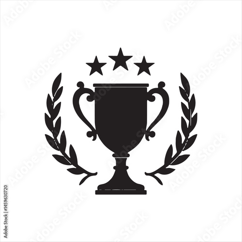 Trophy Icon with Laurel Wreath and Stars,Award Cup Symbol with Laurel Branches,Champion Trophy with Laurel and Stars,Victory Trophy Emblem in Black Silhouette,Laurel Wreath with Cup and Star Icons
