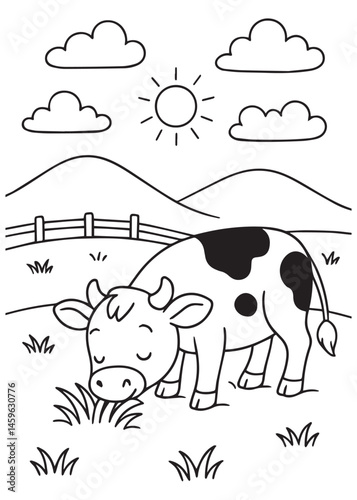 Coloring book cow grazes peacefully on grass in a sunny pasture with rolling hills,