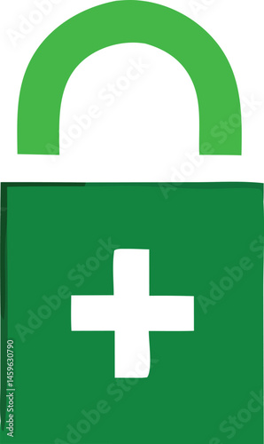 A green first aid kit, a green first aid box, and a green medical cross are recognized icons and symbols for first aid, medicine, health, and emergency medical assistance, often featuring a plus sign 