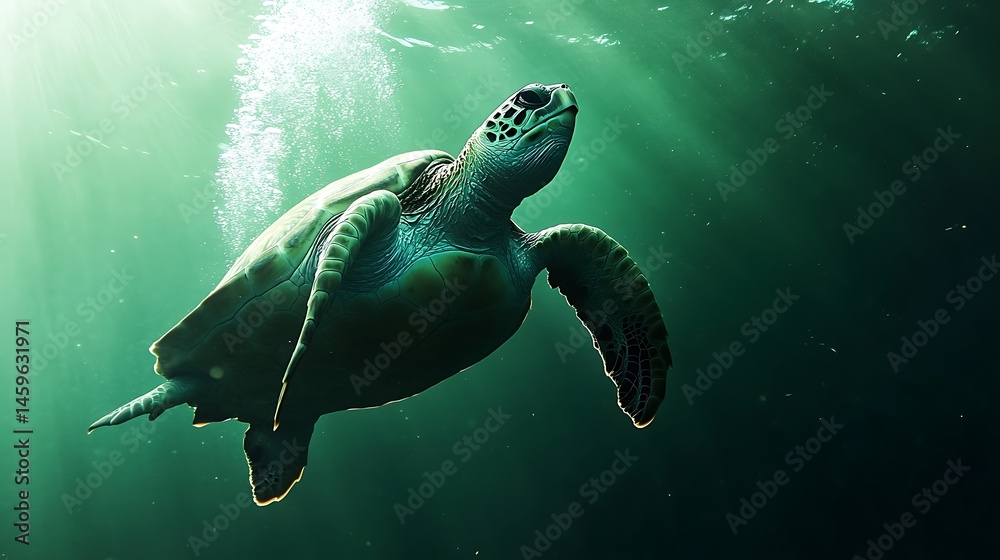 Fototapeta premium Submerged sea turtle bathed in sunlight.