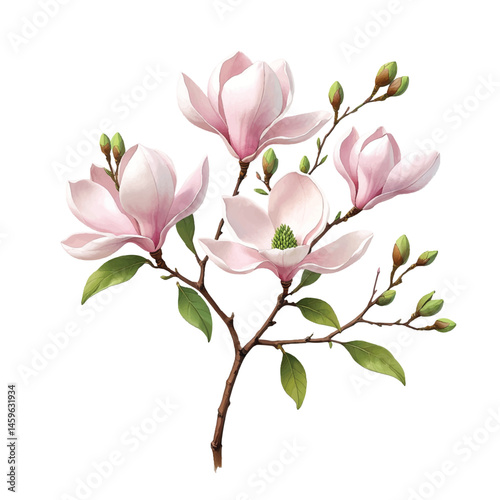 Elegant Magnolia Flower Branch Illustration – Pink And White Blossoms with Green Leaves on White Background