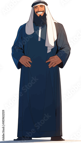 A cheerful man in traditional Arab clothing smiles warmly, exuding confidence and poise against a clean, bright backdrop.
