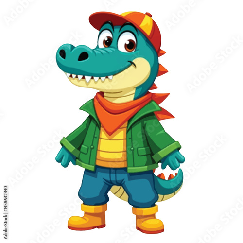 Cute Cartoon Alligator Character in Streetwear – Fun Reptile Mascot Wearing Jacket, Cap, and Boots