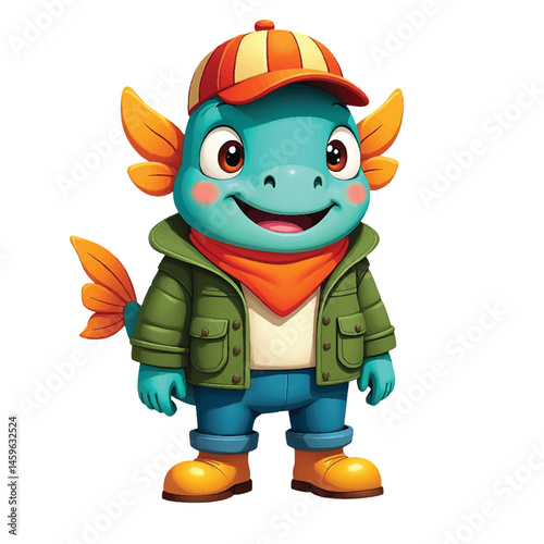 Cute Cartoon Fish Character in Streetwear – Playful Aquatic Mascot Wearing Jacket, Hat, and Boots
