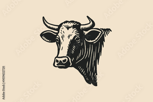 cow head portrait, vintage engraving style