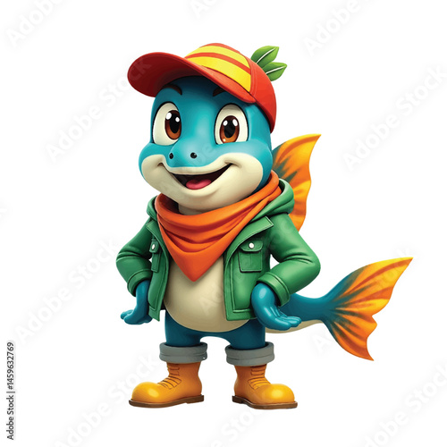 Cute Cartoon Fish Character in Streetwear – Playful Aquatic Mascot Wearing Jacket, Hat, and Boots