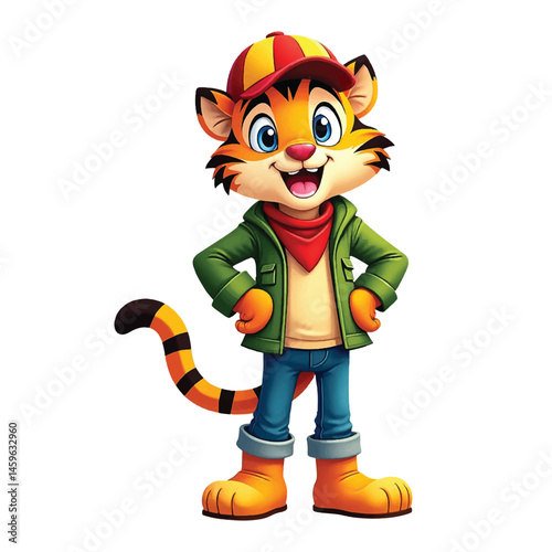 Cute Cartoon Tiger Character in Streetwear – Playful Aquatic Mascot Wearing Jacket, Hat, and Boots