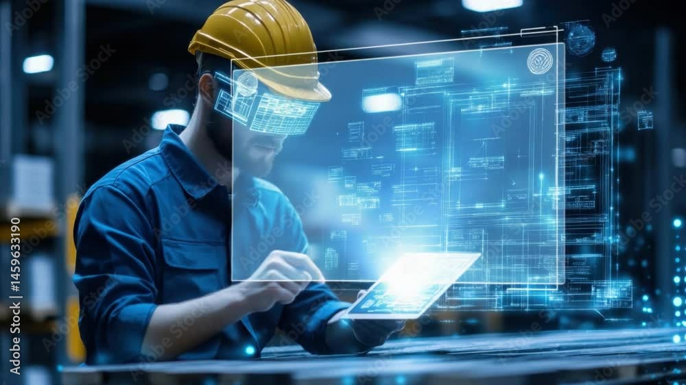 Construction Worker Using Augmented Reality Technology in Warehouse Environment for Project Planning and Design Visualization 4k video footage Construction Worker Using Augmented Reality Technology in Warehouse Environment for Project Planning and Design Visualization 4k video footage