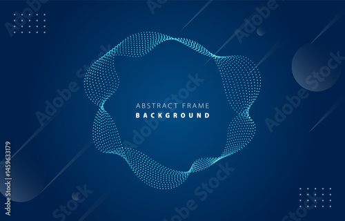 Futuristic metal cyan blue gradient dot wave frame vector blued Memphis background, dotted rotate line border digital dynamic elegant wavy flow spin round, technology web poster card print template