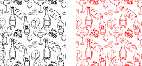 Vector monochrome red bar italia sketch illustration seamless pattern with bottles, wine glasses, bread, tomatoes and cheese. Perfect for fabric, restaurant menu and wallpaper projects