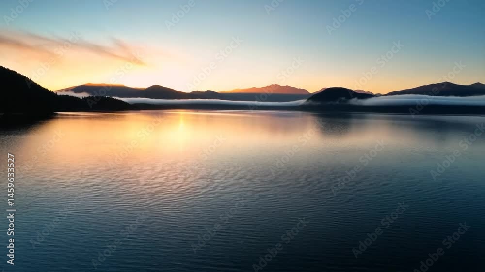 Serene lake scenery at golden hour with distant mountain range and reflective water Serene lake scenery at golden hour with distant mountain range and reflective water