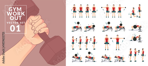 Men GYM workout fitness set, dumbbells and Barbells workouts.