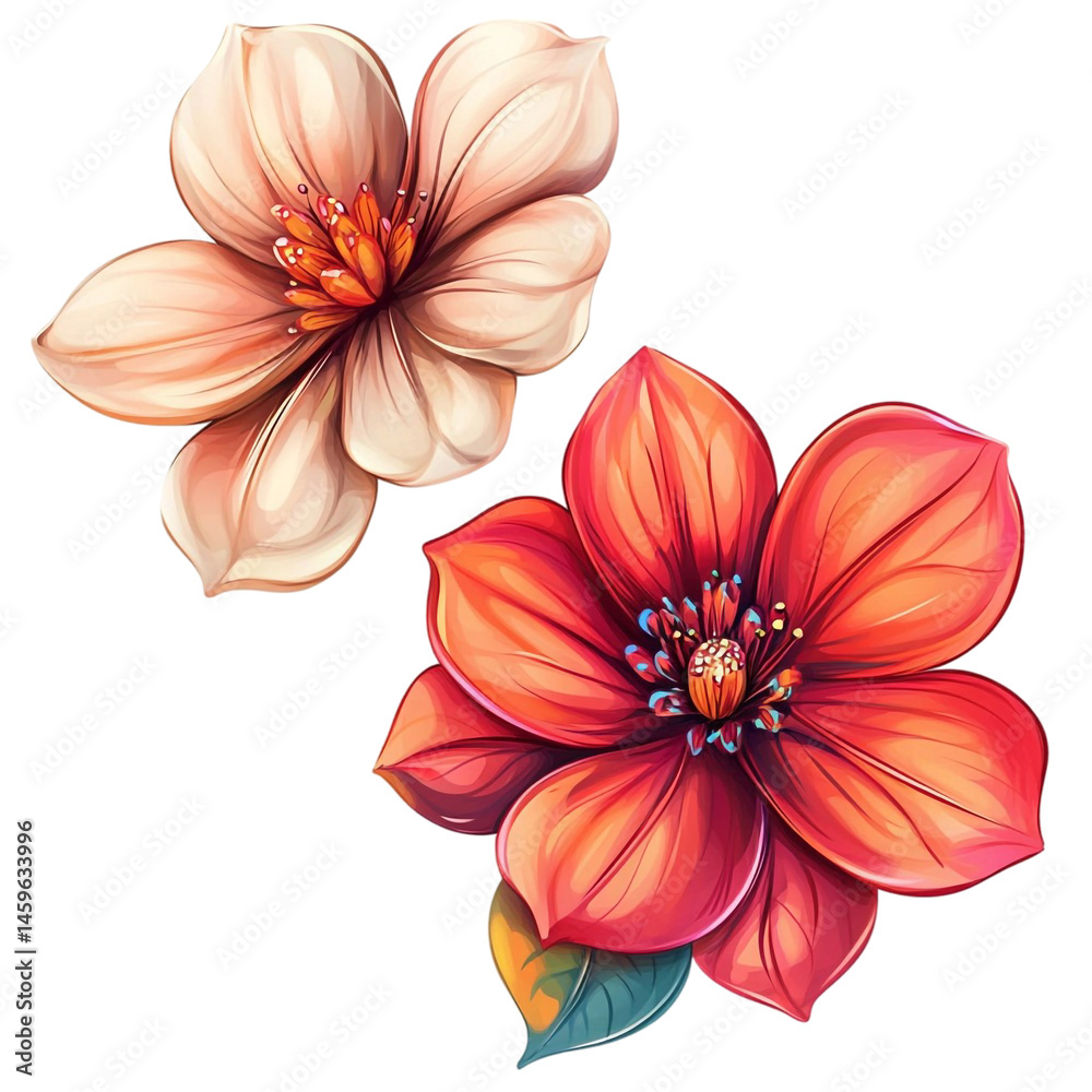 Two vibrant flowers a soft peach blossom and a bold red bloom with teal leaves a digital painting